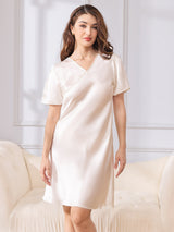 [Hvit] SilkSilky-NO Short Sleeve V Neck Nattkjole 003