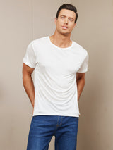 [Hvit] SilkSilky-NO Kort erm Tett Crew Neck T-skjorte for Menn 004