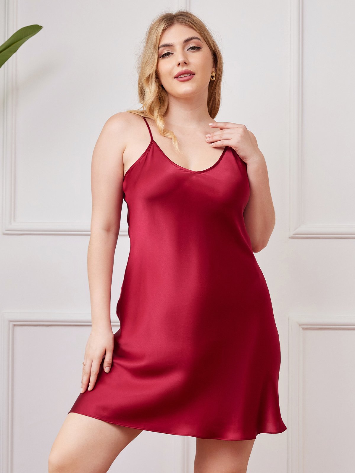[Vin] SilkSilky-NO Spaghetti Stropp V Hals Plus Size Dress 001