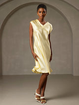 [Gul] SilkSilky-NO Cap Sleeve V Neck Kjole 001