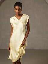 [Gul] SilkSilky-NO Cap Sleeve V Neck Kjole 003