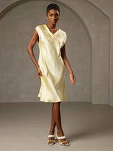 [Gul] SilkSilky-NO Cap Sleeve V Neck Kjole 005