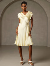 [Gul] SilkSilky-NO Cap Sleeve V Neck Kjole 006