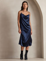 [Mørke blå] SilkSilky-NO Spaghetti Strap Cowl Neck Camisole Topp 007