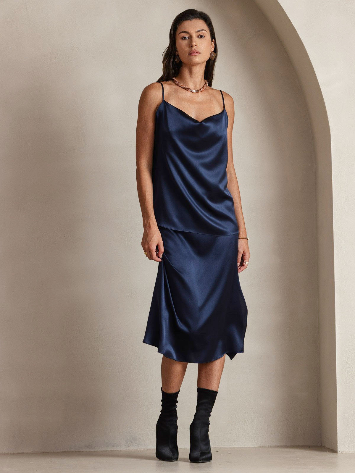[Mørke blå] SilkSilky-NO 19Momme Silke Cowl Neck Camisole Topp 007