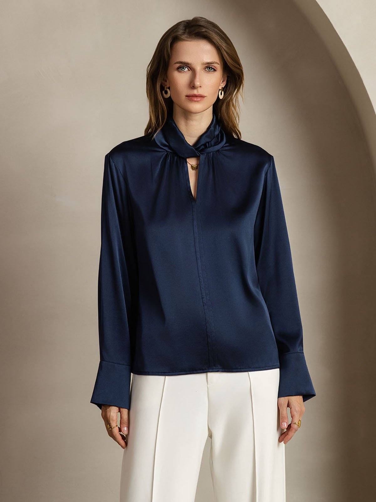 [Mørkeblå] SilkSilky-NO 19Momme Silke Womens Shirt 001