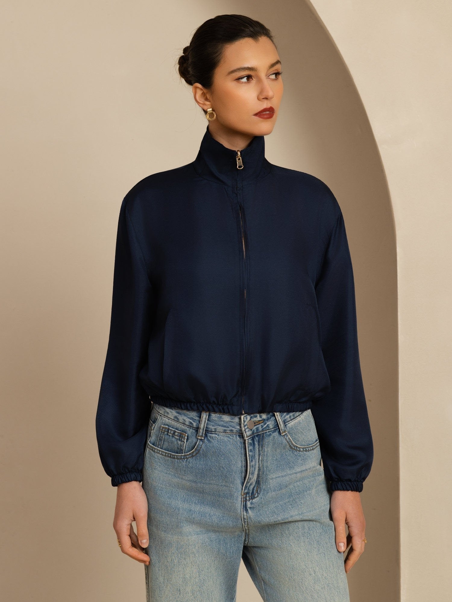 [Svart+Mørkeblå] SilkSilky-NO 18Momme Langermet Ståkrave Yttertøy for Kvinner 004