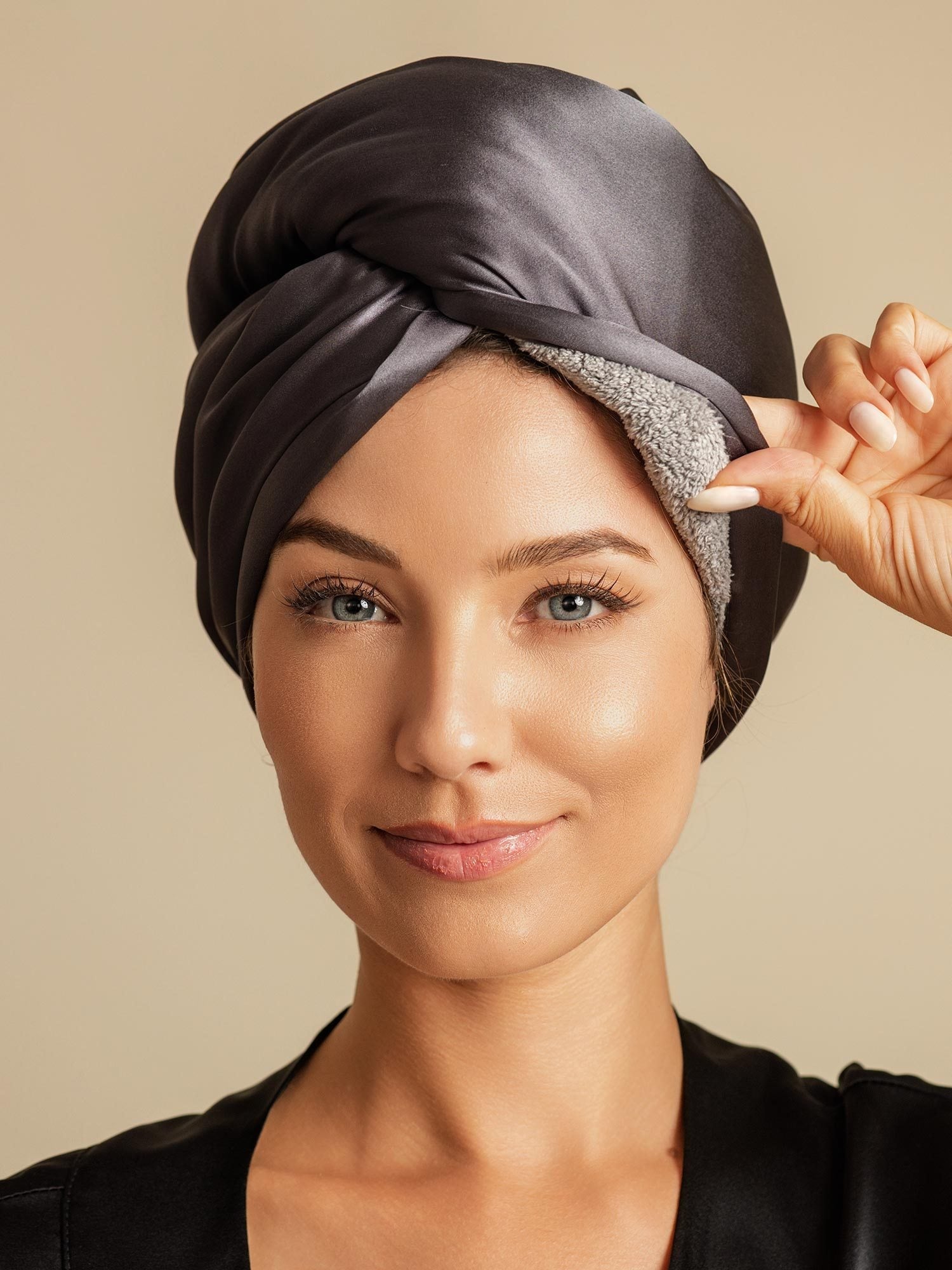 [Mørkegrå] SilkSilky-NO Silke Hair Towel Wrap 005,