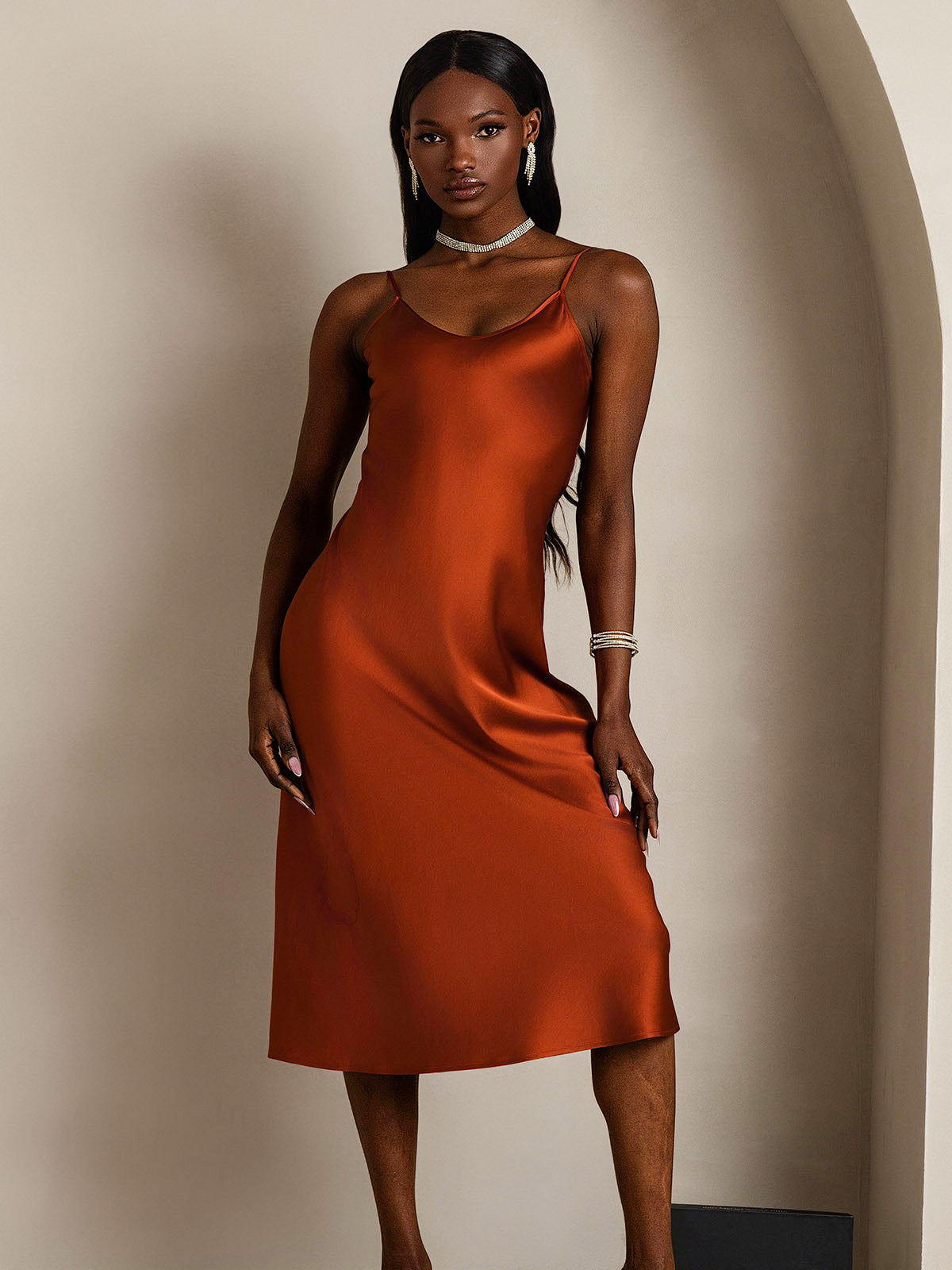[Karamell] SilkSilky-NO Pure Silk Sleeveless Round Neck Kjole 004