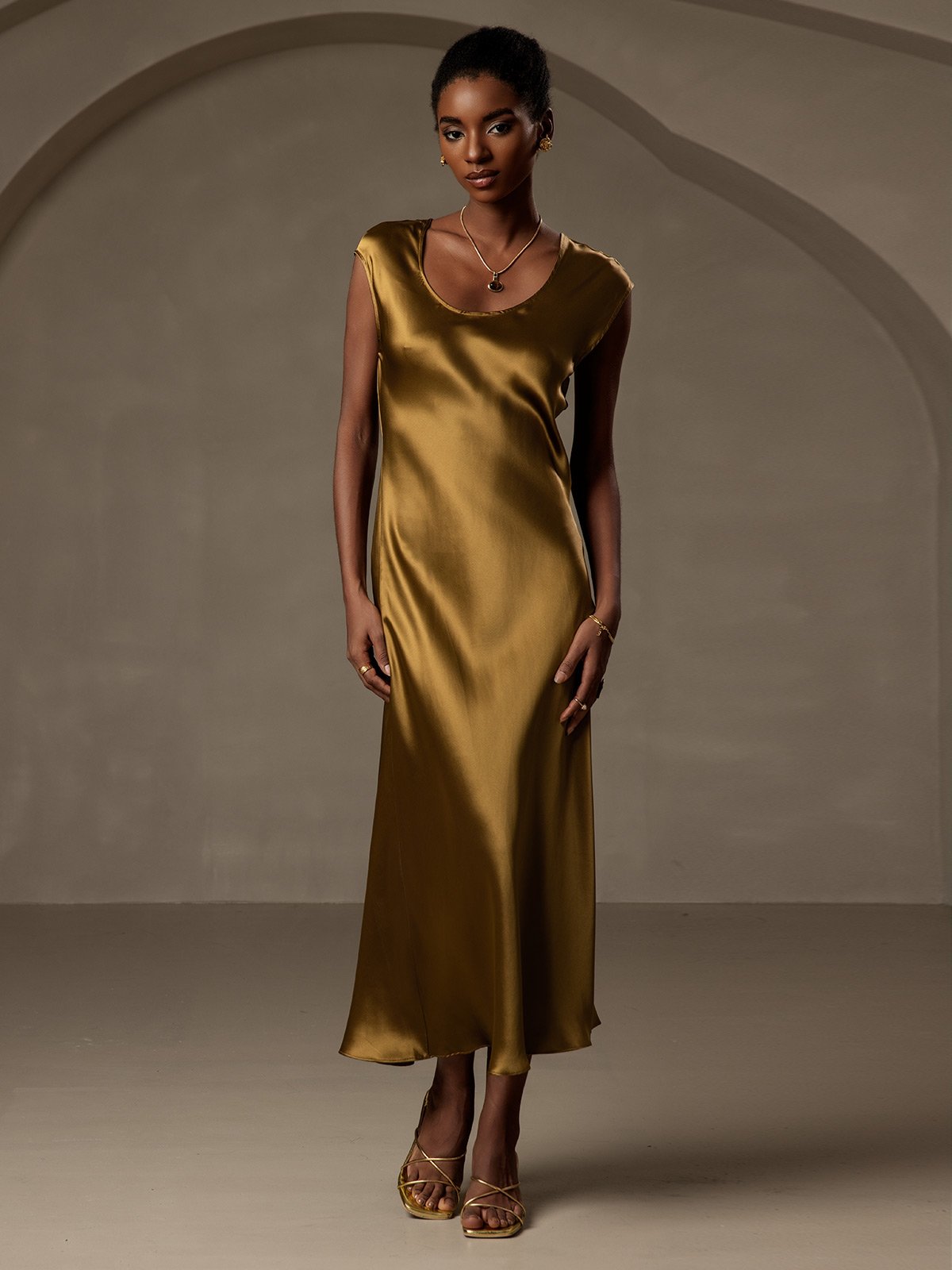 [Brun] SilkSilky-NO Cap Sleeve Scoop Neck Kjole 001