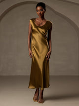 [Brun] SilkSilky-NO Cap Sleeve Scoop Neck Kjole 001