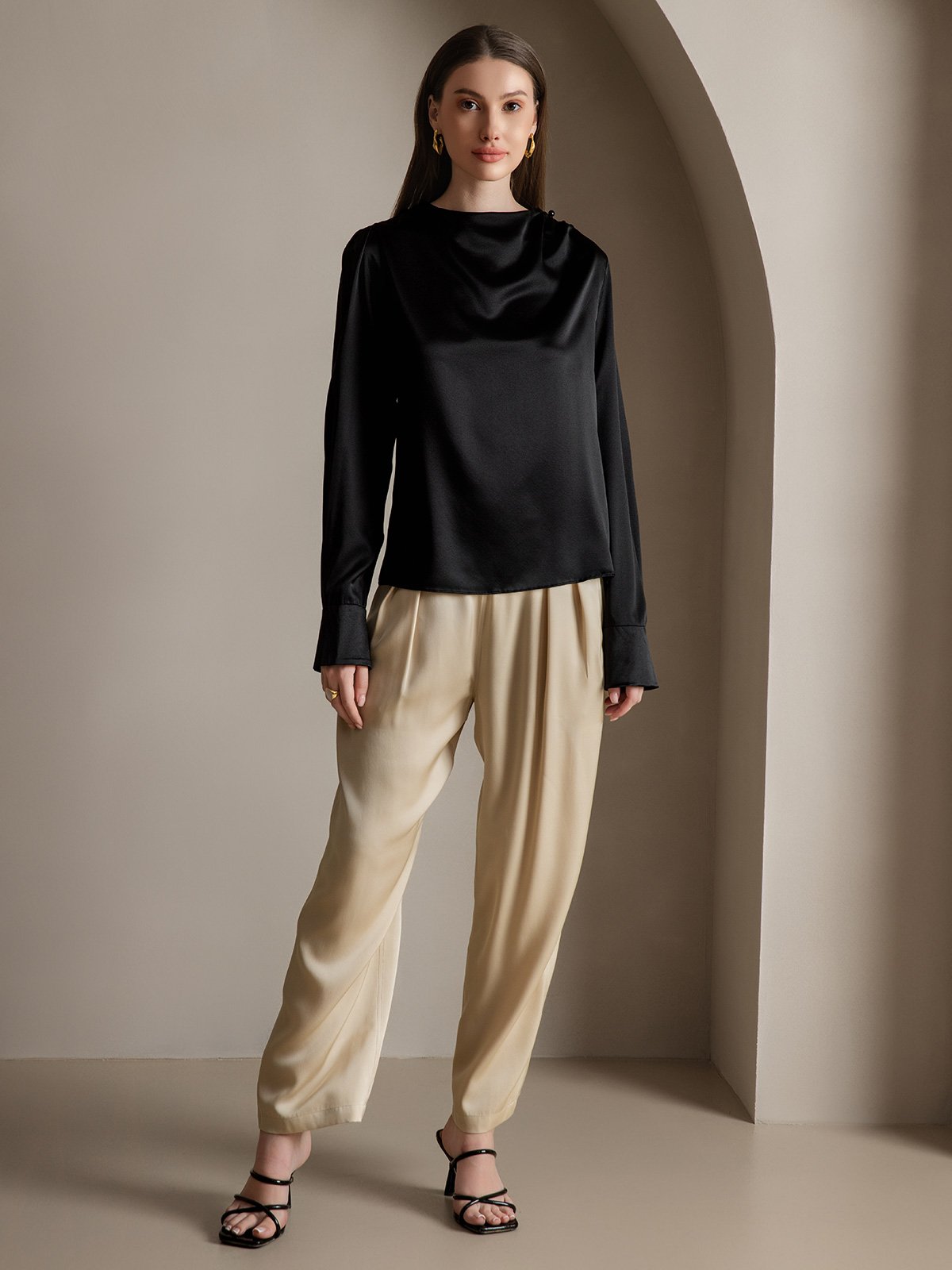 [Svart] SilkSilky-NO 19Momme Silke Womens Shirt 008