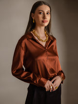 [Karamell] SilkSilky-NO Long Sleeve Lapel Collar Skjorte for Kvinner 003