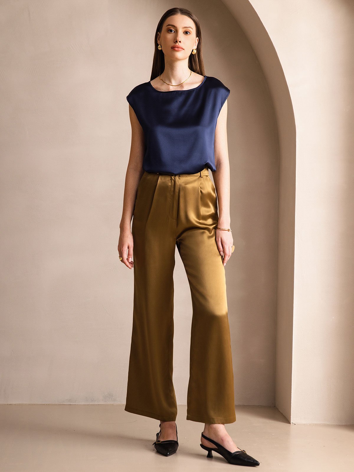[Mørke blå] SilkSilky-NO 19Momme Silke Womens T-Shirt 004