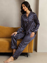 [Marine Kjede] SilkSilky-NO Long Sleeve Lapel Collar Pyjamas for Kvinner 004