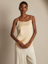 [Champagne] SilkSilky-NO 19Momme Spaghetti Stropp Dyp Rund Halsutringning Camisole Topp 004
