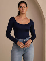 [Mørke blå] SilkSilky-NO Long Sleeve U-hals T-skjorte for Kvinner 003