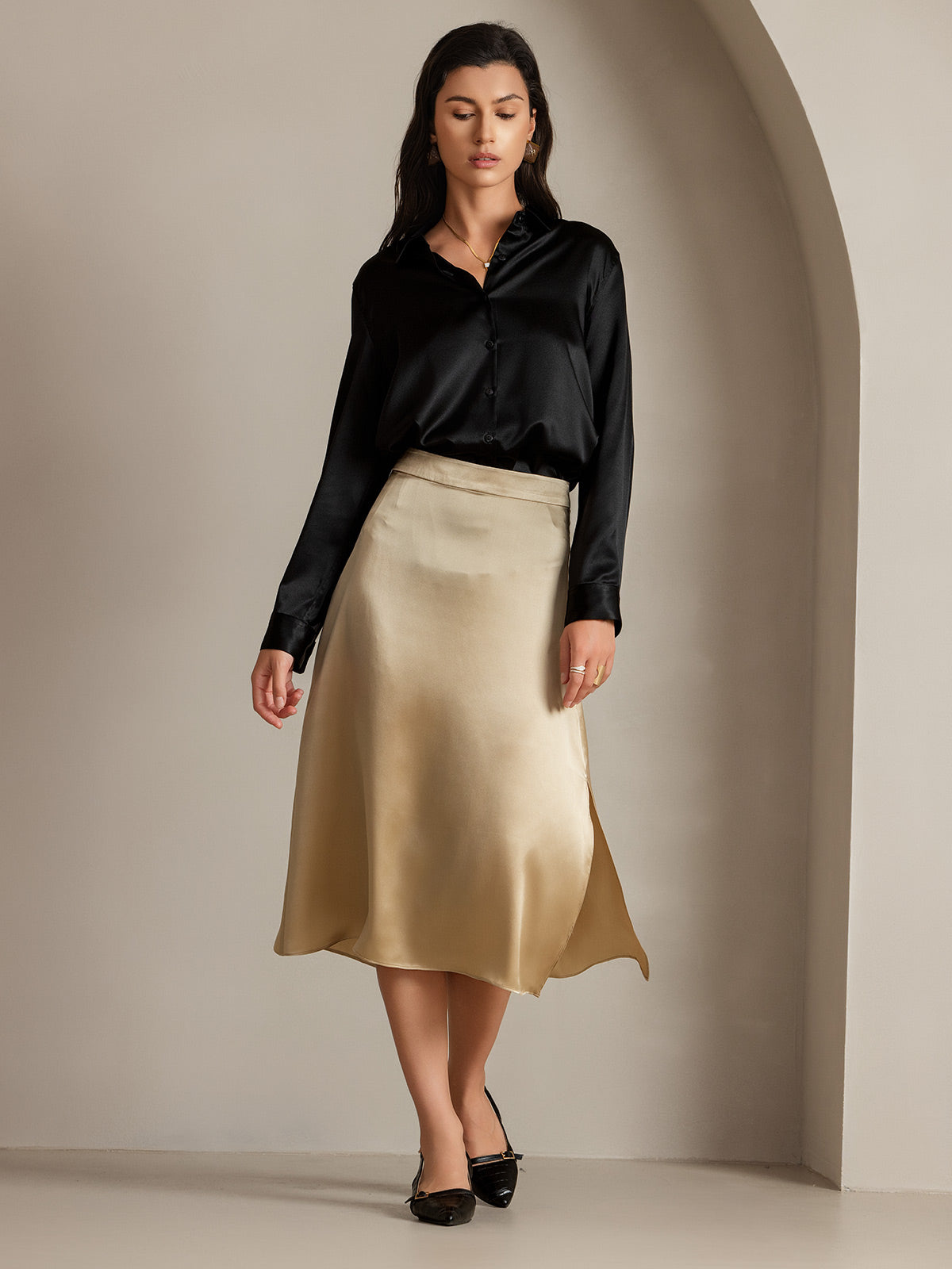 [Champagne] SilkSilky-NO 19Momme Silke Skirt 006