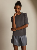 [Grå] SilkSilky-NO Halv erme Crew Neck T-skjorte for Kvinner 005