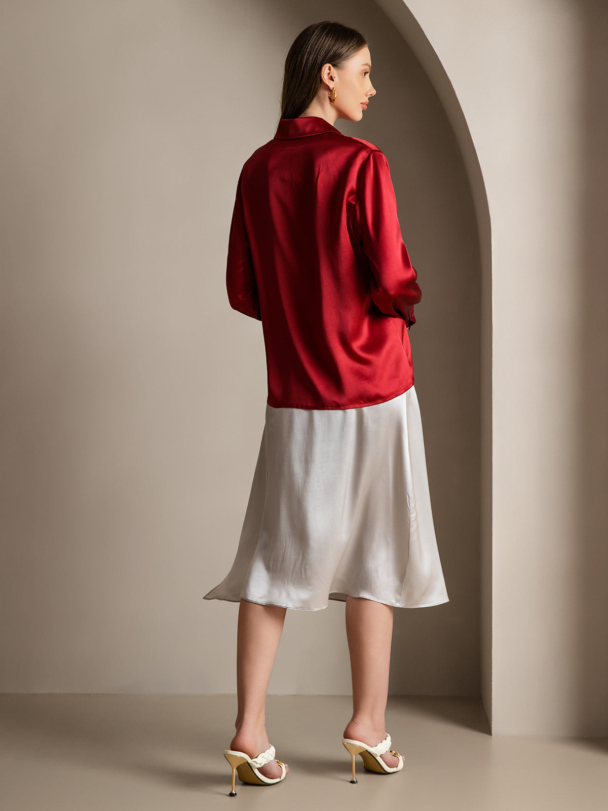[Vin] SilkSilky-NO 19Momme Silke Lapel Collar Skjorte for Kvinner 002