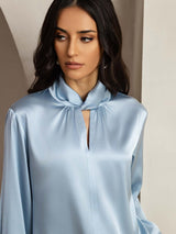 [Gråblå] SilkSilky-NO Long Sleeve Keyhole Neck Damebluser 003
