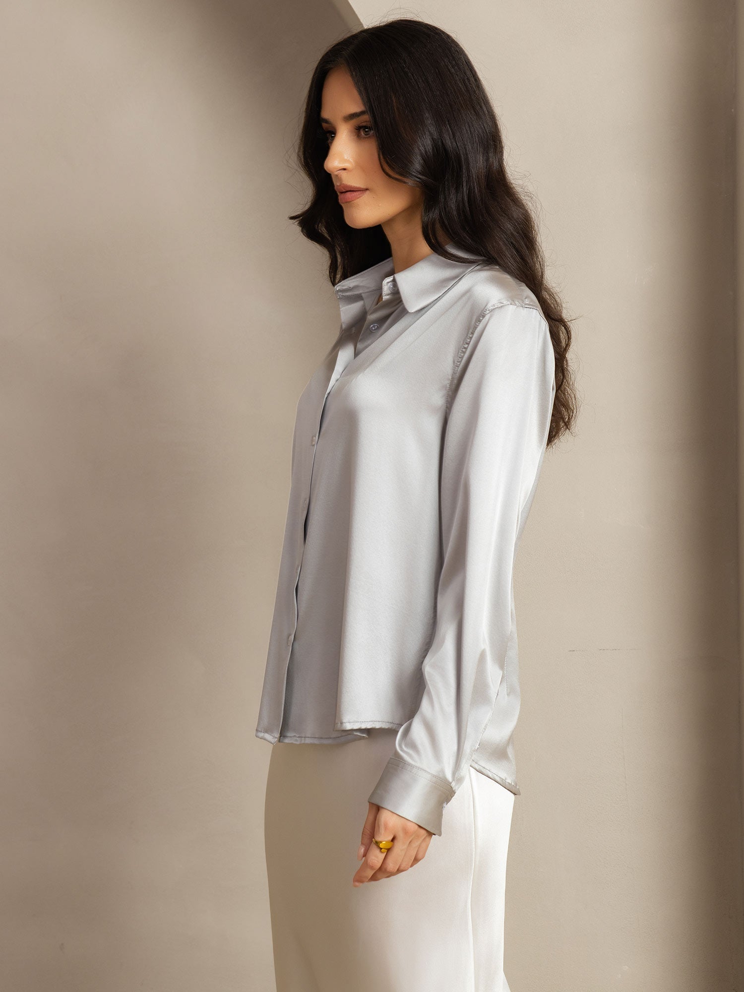 [Lysegrå] SilkSilky-NO Silke Lapel Collar Skjorte for Kvinner 002