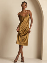 [Brun] SilkSilky-NO Spaghetti Strap U-hals Kjole 004