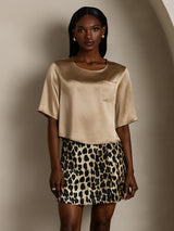 [Champagne] SilkSilky-NO Halv erme Dyp Rund Halsutringning T-skjorte for Kvinner 005