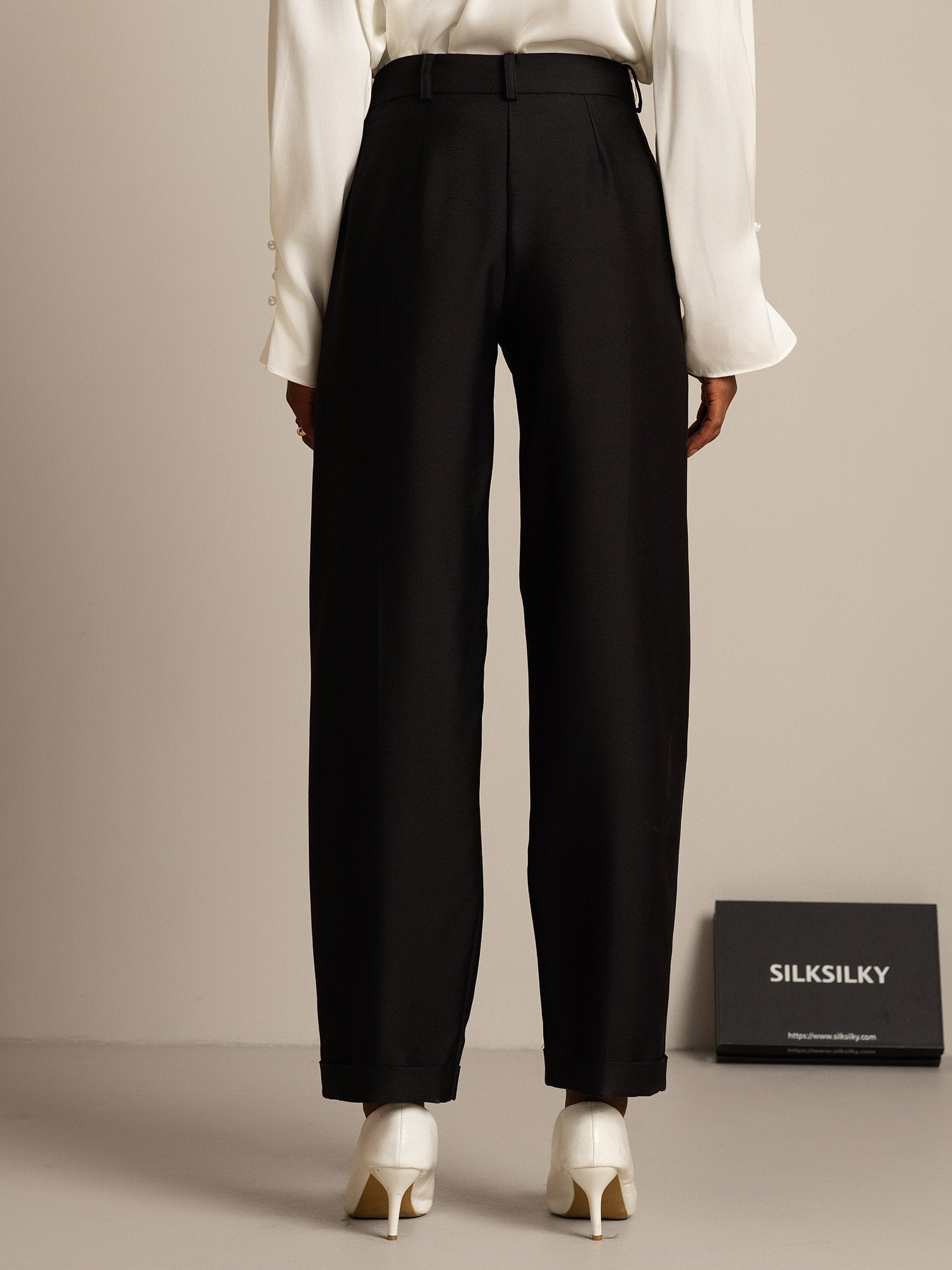 [Svart] SilkSilky-NO 32Momme Silk-Wool Blend Womens Pants 002,