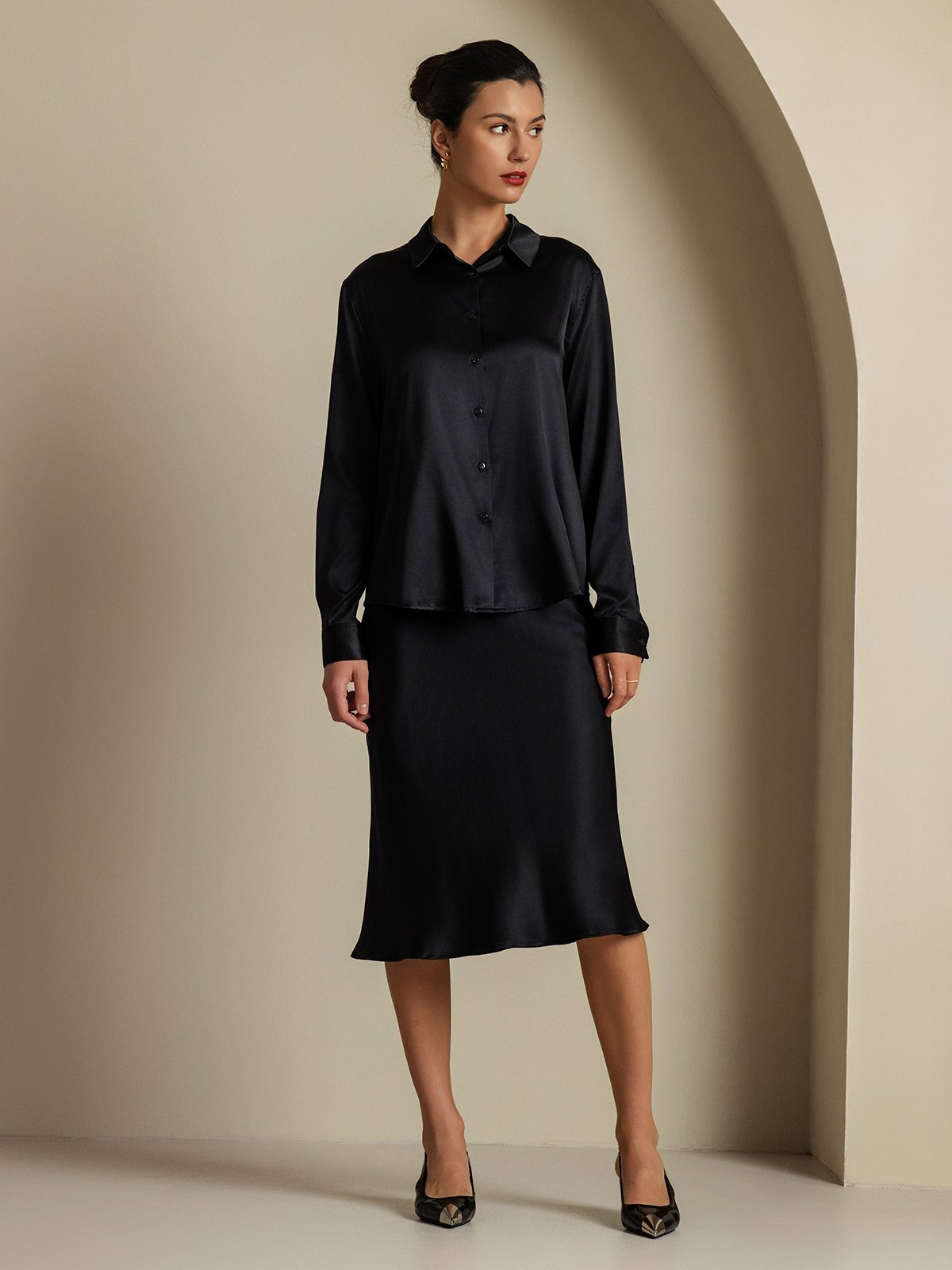 [Svart] SilkSilky-NO 19Momme Silke Womens Outfit Sets 006,