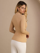 [Månestein] SilkSilky-NO Long Sleeve Turtle Neck T-skjorte for Kvinner 002