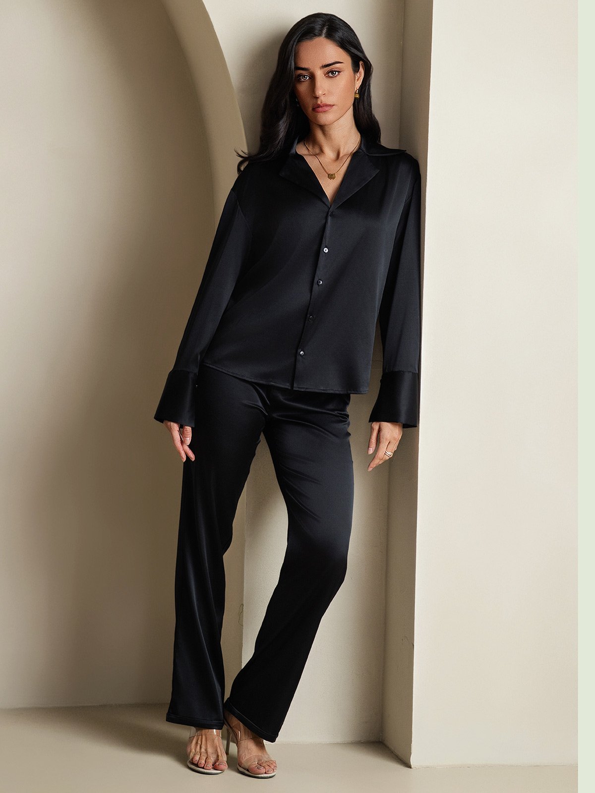 [Svart] SilkSilky-NO 19Momme Silke Notch Collar Skjorte for Kvinner 008