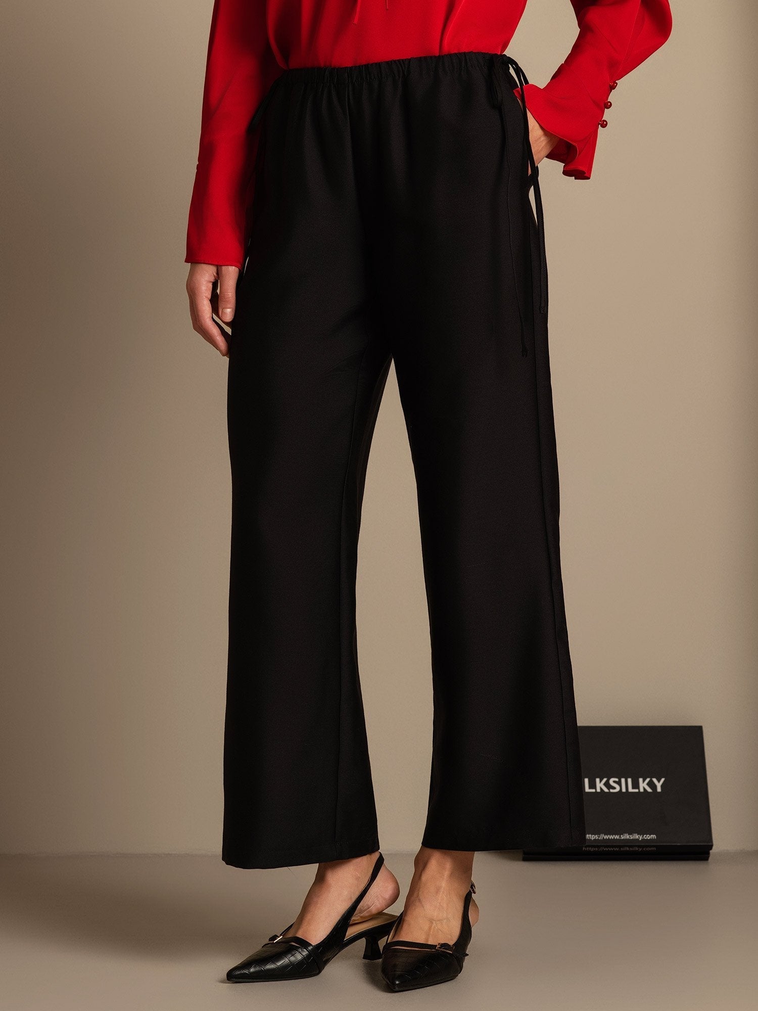 [Svart] SilkSilky-NO 32Momme Silk-Wool Blend Womens Pants 003,