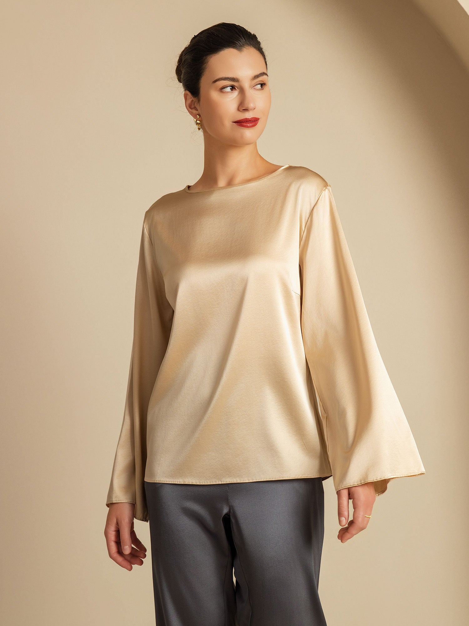 [Champagne] SilkSilky-NO 19Momme Silke Womens T-Shirt 004