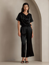 [Svart] SilkSilky-NO Short Sleeve Cowl Neck Damebluser 006