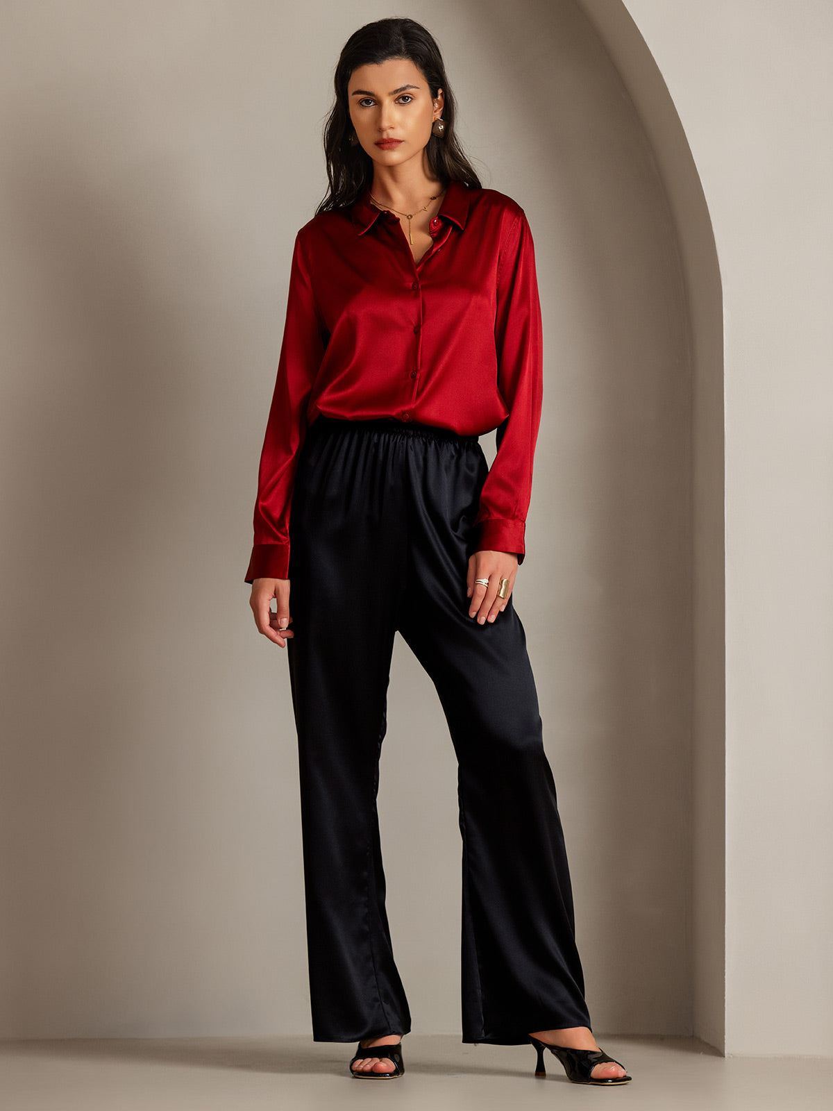[Rød] SilkSilky-NO Silke Lapel Collar Skjorte for Kvinner 003