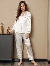 [Hvit] SilkSilky-NO Long Sleeve Lapel Collar Pyjamas for Kvinner 004