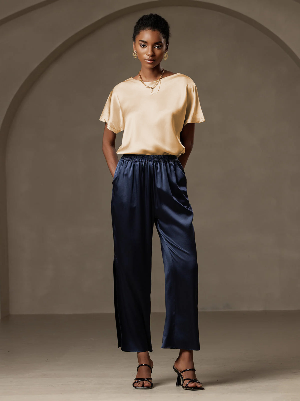 [Champagne] SilkSilky-NO 19Momme Silke Womens T-Shirt 005
