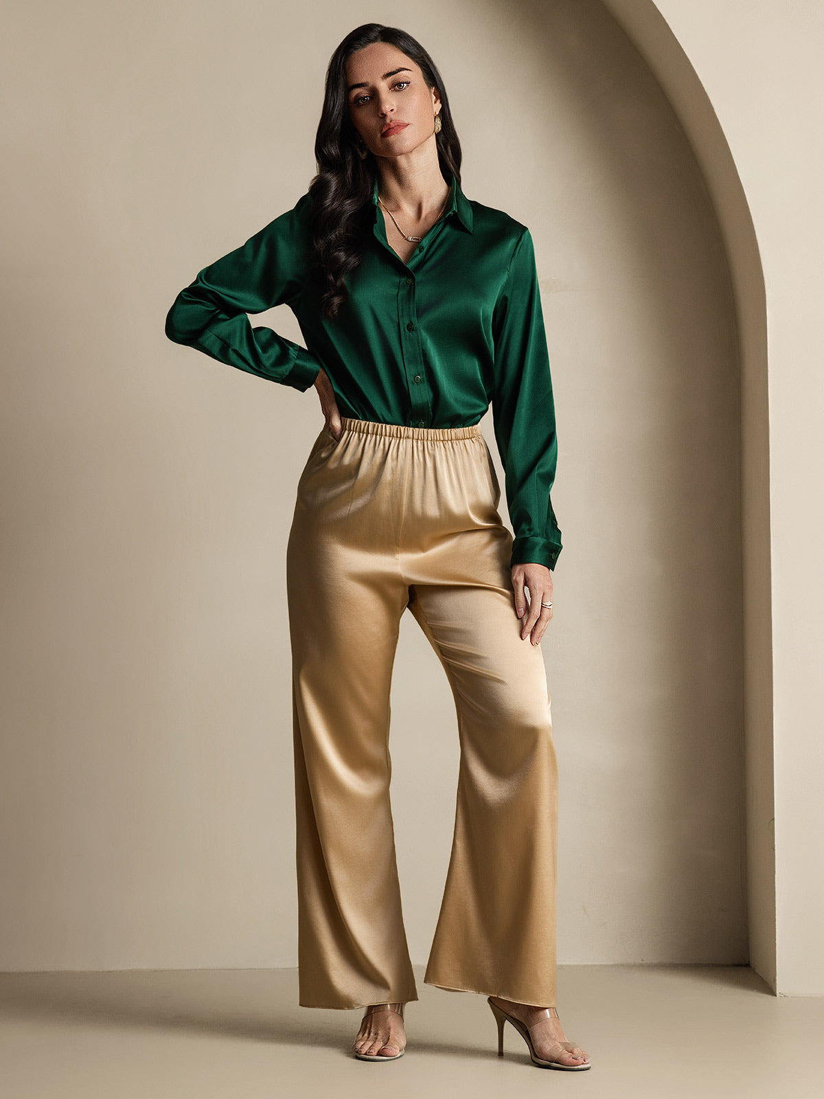 SilkSilky-NO 19Momme Silke Womens Shirt MørkGrønn 010