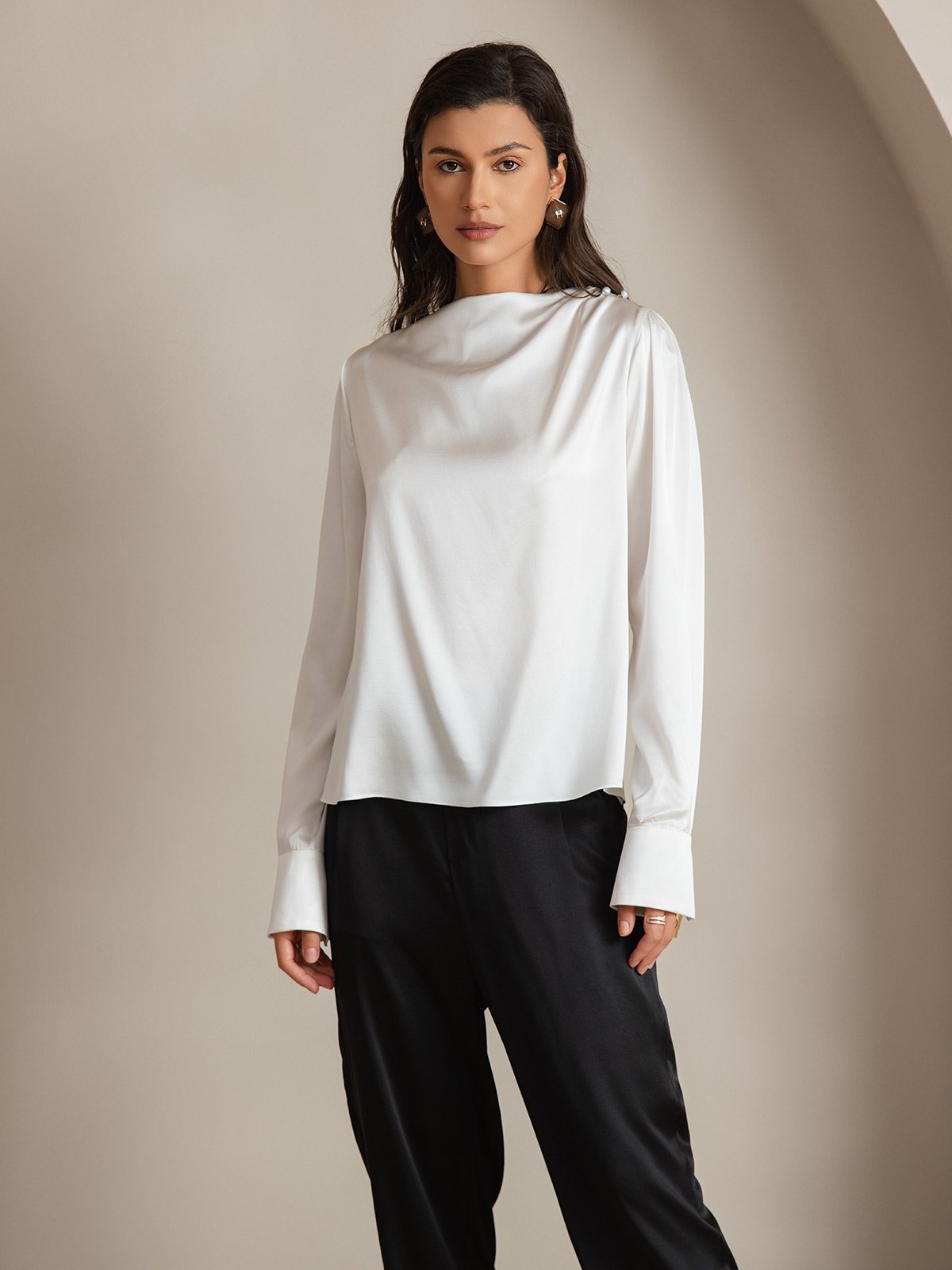 [Hvit] SilkSilky-NO 19Momme Silke Womens Shirt 001