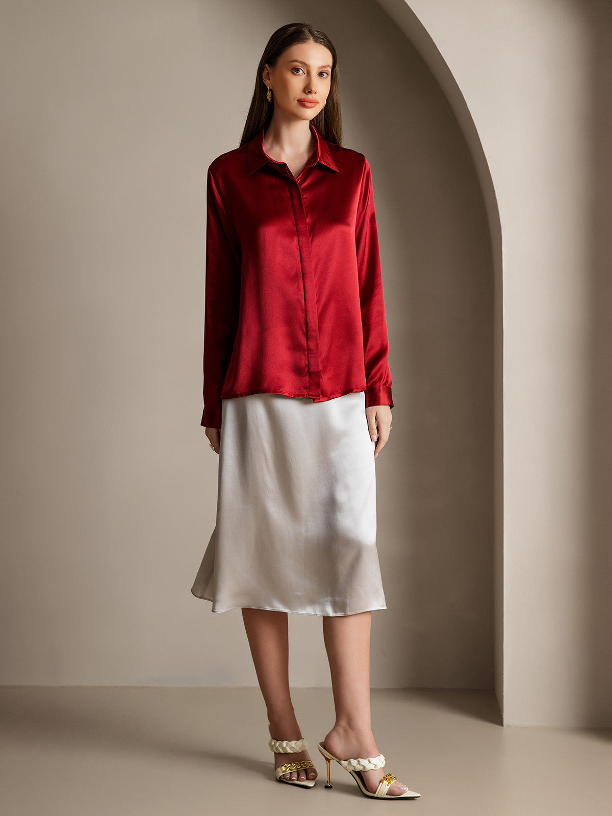 [Vin] SilkSilky-NO 19Momme Silke Lapel Collar Skjorte for Kvinner 004