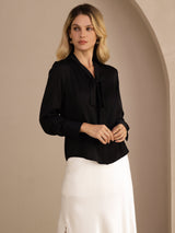 [Svart] SilkSilky-NO Long Sleeve Tie Neck Damebluser 003