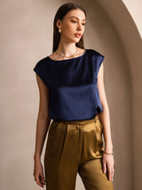 [Mørke blå] SilkSilky-NO Cap Sleeve Round Neck T-skjorte for Kvinner 001