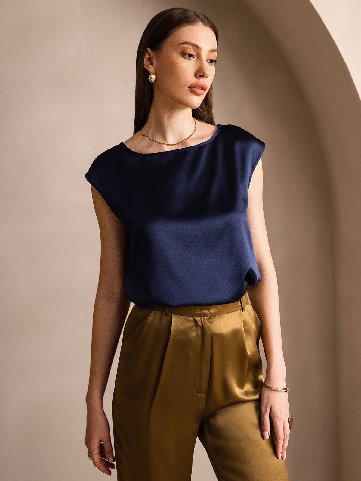 [Mørke blå] SilkSilky-NO 19Momme Silke Womens T-Shirt 001