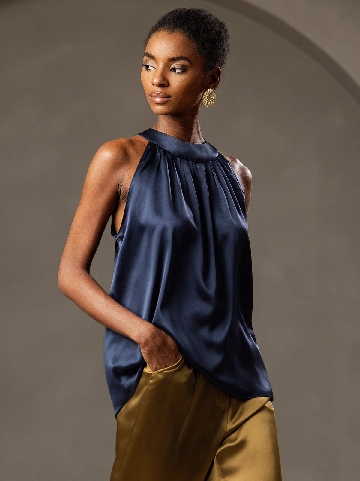 [Mørke blå] SilkSilky-NO 19Momme Silke Womens T-Shirt 001