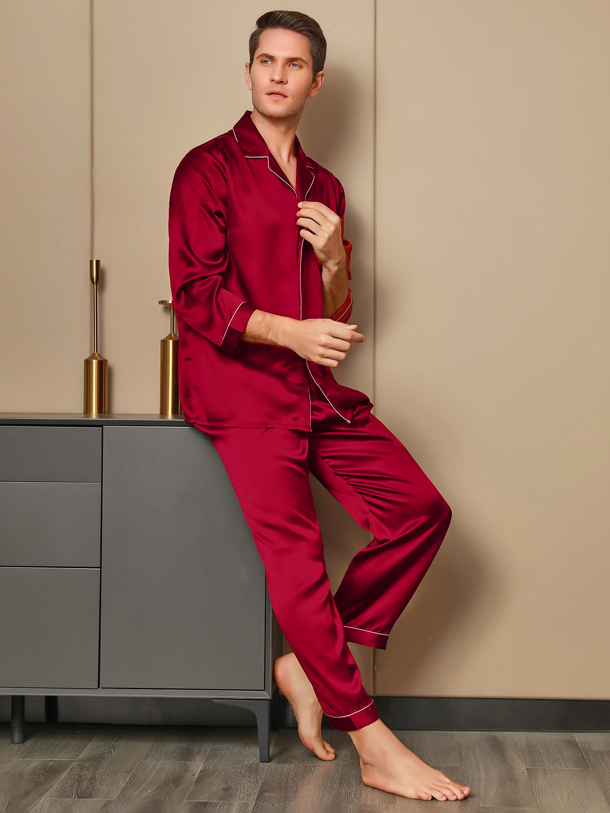 [Rød] SilkSilky-NO 19Momme Mens Pajamas 004