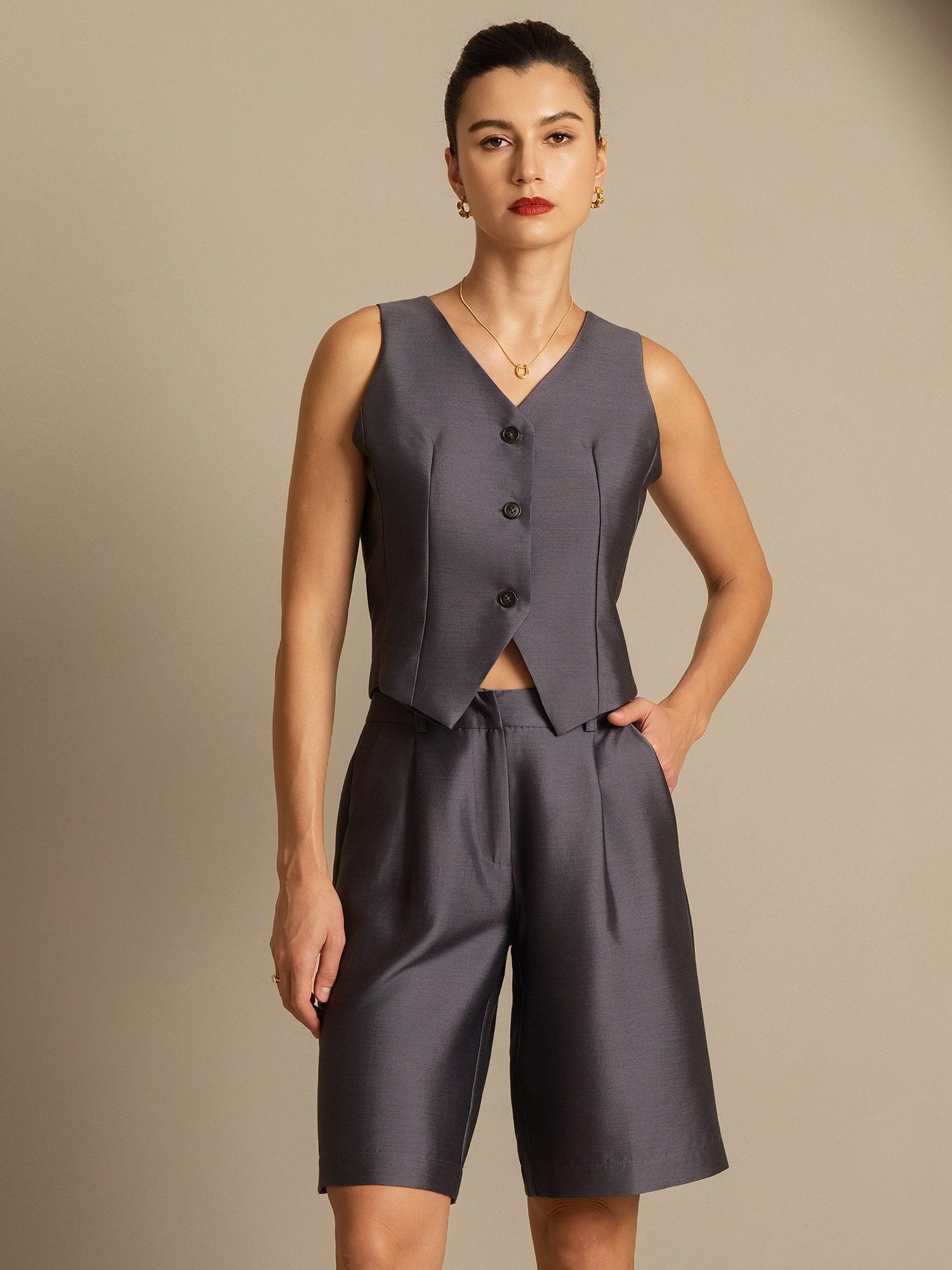 [Grå] SilkSilky-NO 32Momme Silk-Wool Blend Womens Vest 006,