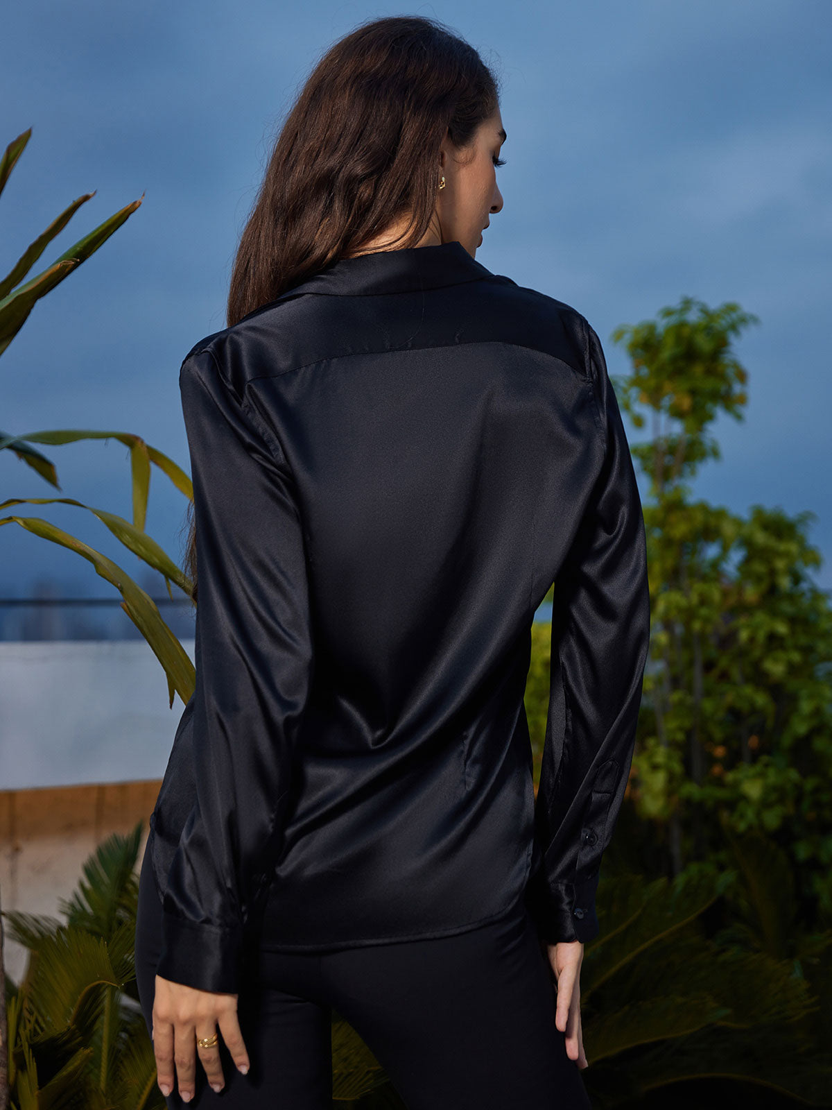 [Svart] SilkSilky-NO Silke Long Sleeve Collar Skjorte for Kvinner 002
