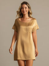 [Tan] SilkSilky-NO 19Momme Kort erm Rund Hals Nattkjole 005