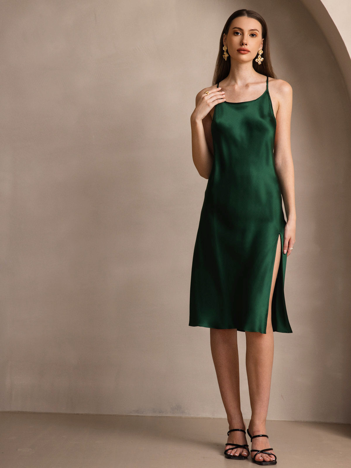 SilkSilky US Pure Silk Sleeveless Round Neck Dress DarkGreen 004